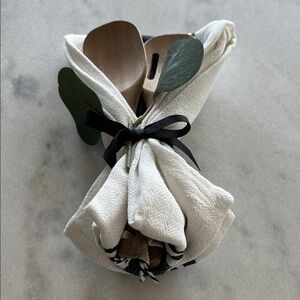 Wooden Serving Spoons with Cotton Dishtowel Wrapped with Ribbon Gift Set NWOT